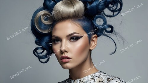 Bold Blue Curly Updo with White Accents and Flair