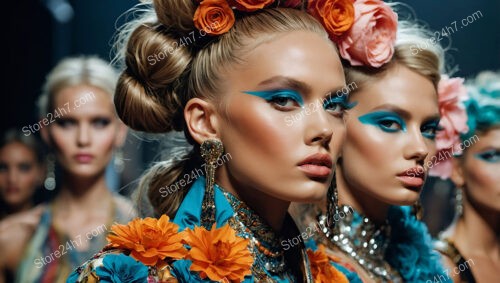 Bold Blue Eye Makeup and Vibrant Floral Accessories