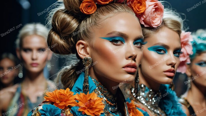 Bold Blue Eye Makeup and Vibrant Floral Accessories