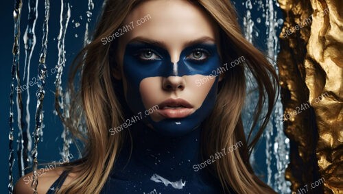 Bold Blue Makeup with Flowing Water and Gold Accents