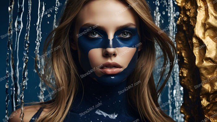 Bold Blue Makeup with Flowing Water and Gold Accents