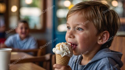 Boy savoring ice cream at a vibrant cafe