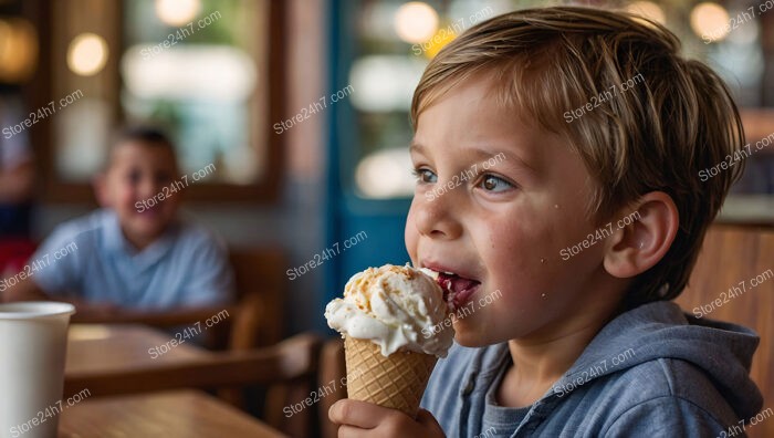 Boy savoring ice cream at a vibrant cafe