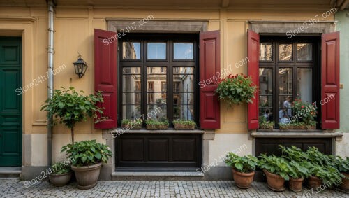 Quaint Bavarian House with Red Shutters and Flower Boxes