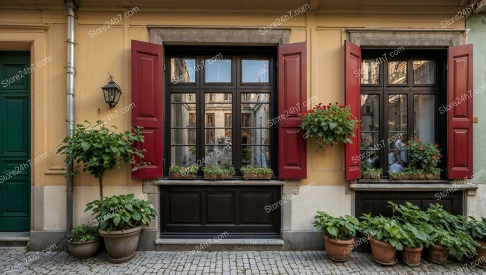 Quaint Bavarian House with Red Shutters and Flower Boxes