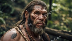 Caveman with Tribal Tattoos Amidst Forest Shadows