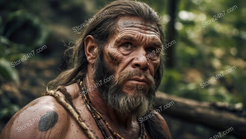 Caveman with Tribal Tattoos Amidst Forest Shadows