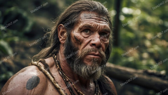 Caveman with Tribal Tattoos Amidst Forest Shadows