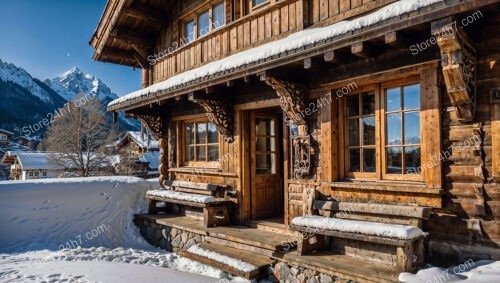 Chalet Entrance with Intricate Wooden Detailing and Mountain Views