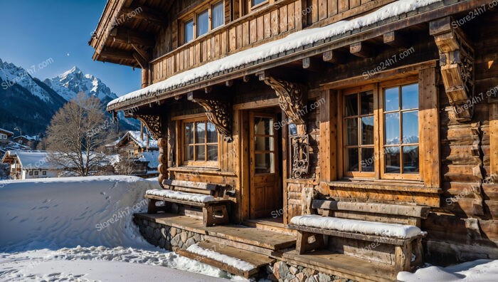 Chalet Entrance with Intricate Wooden Detailing and Mountain Views