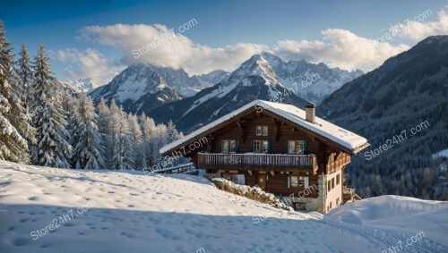 Chalet Overlooking Snowy Landscape with Mountain Backdrop