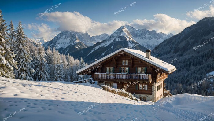 Chalet Overlooking Snowy Landscape with Mountain Backdrop