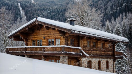 Chalet with Snow-Covered Roof and Forest Background