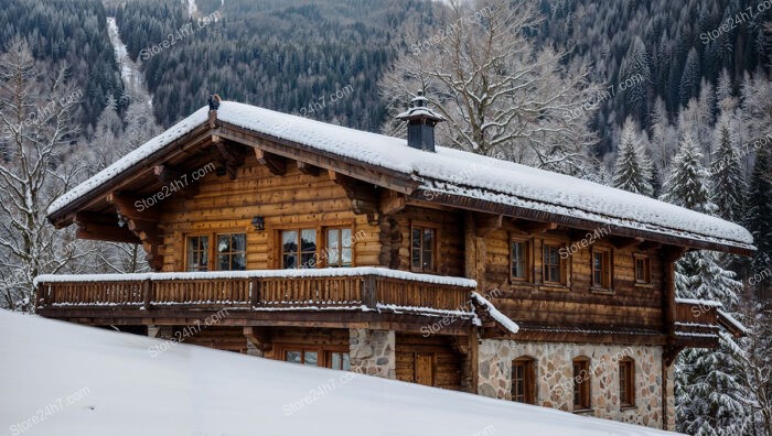 Chalet with Snow-Covered Roof and Forest Background