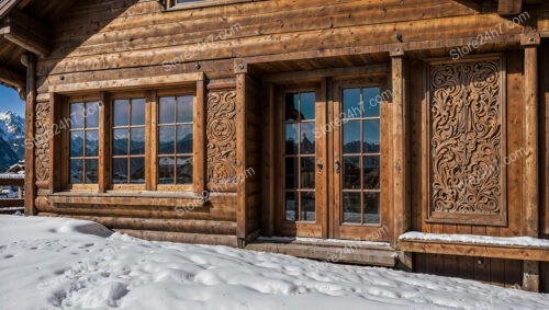 Charming Alpine Chalet with Ornate Wood Carvings and Snow