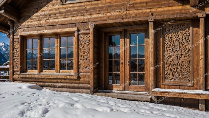 Charming Alpine Chalet with Ornate Wood Carvings and Snow