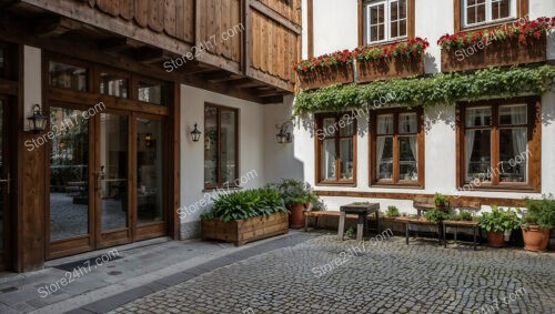 Charming Bavarian Courtyard with Flower Boxes and Wooden Facade