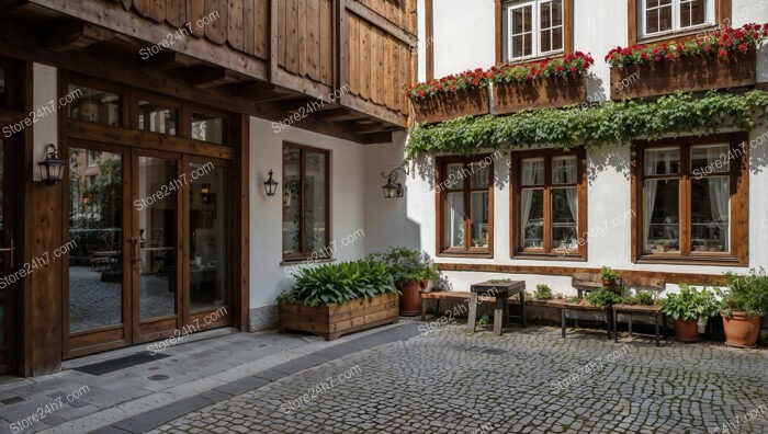 Charming Bavarian Courtyard with Flower Boxes and Wooden Facade