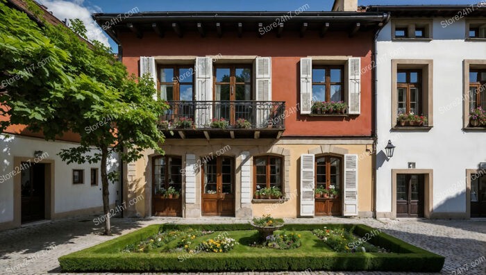 Charming Bavarian Courtyard with Red and White Facade