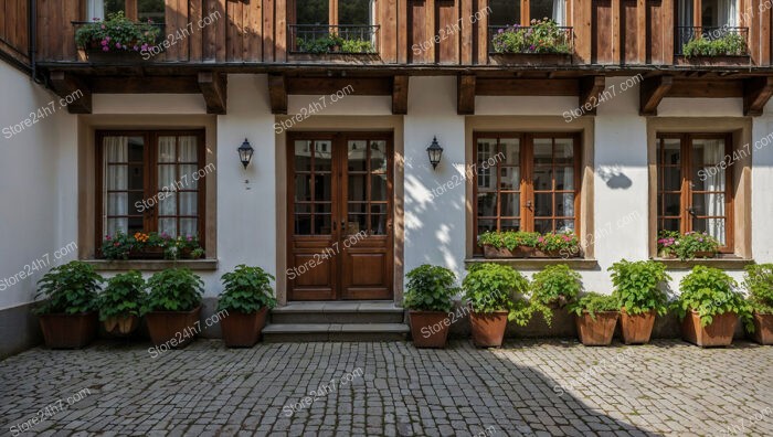 Charming Bavarian Courtyard with Wooden Balcony and Flower Pots