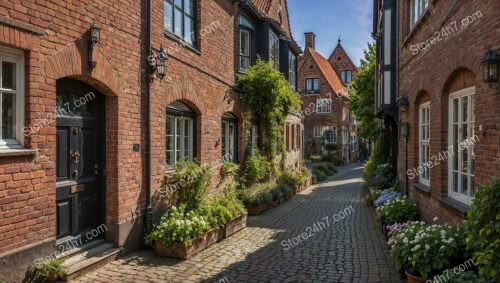 Charming Brick Gothic Street with Lush Greenery and Flowers