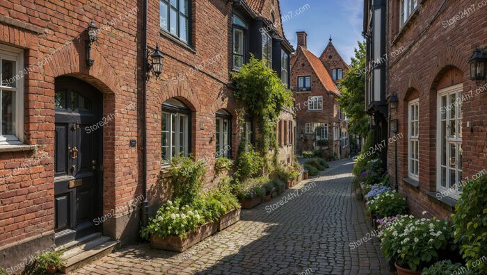 Charming Brick Gothic Street with Lush Greenery and Flowers