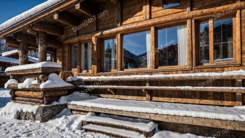 Charming Chalet with Snow-Covered Steps and Rustic Design