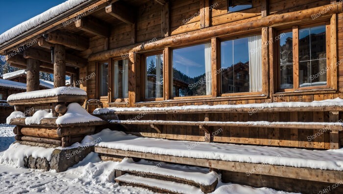 Charming Chalet with Snow-Covered Steps and Rustic Design