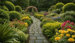 Charming Cottage Garden with Stone Pathway and Colorful Blooms