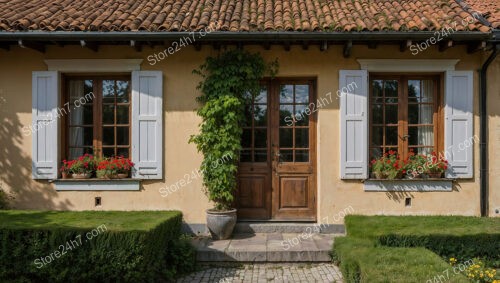 Charming Cottage with Bright Yellow Walls and Wooden Shutters