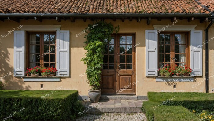 Charming Cottage with Bright Yellow Walls and Wooden Shutters