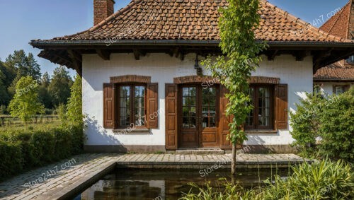 Charming Cottage with Red-Tiled Roof and Reflective Pond