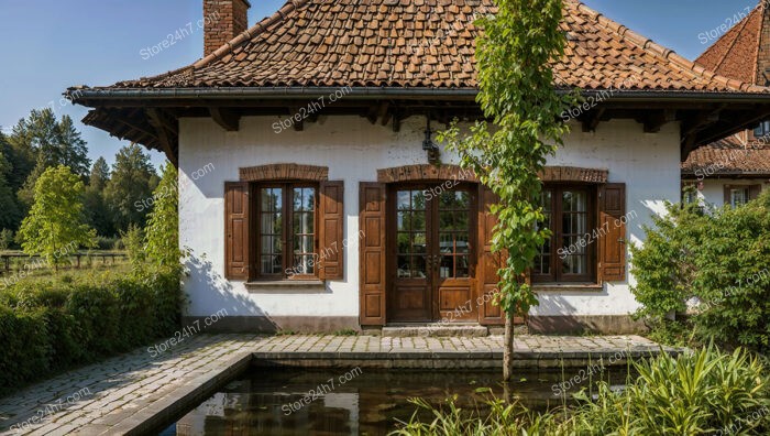 Charming Cottage with Red-Tiled Roof and Reflective Pond