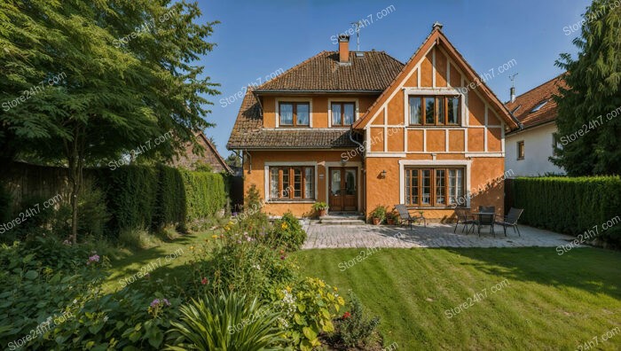 Charming German family home with garden patio and lush landscaping