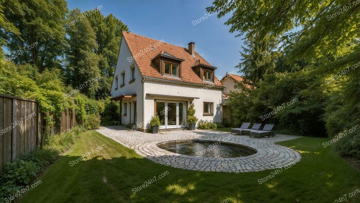 Charming German home with circular pool and lush greenery