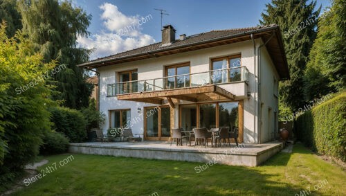 Charming German home with wooden balcony and lush garden