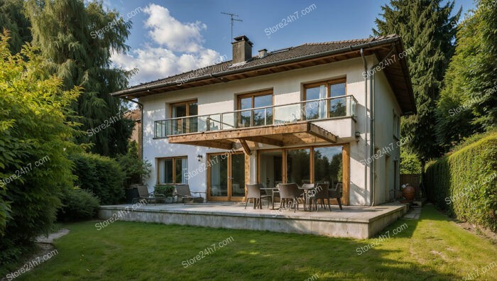 Charming German home with wooden balcony and lush garden