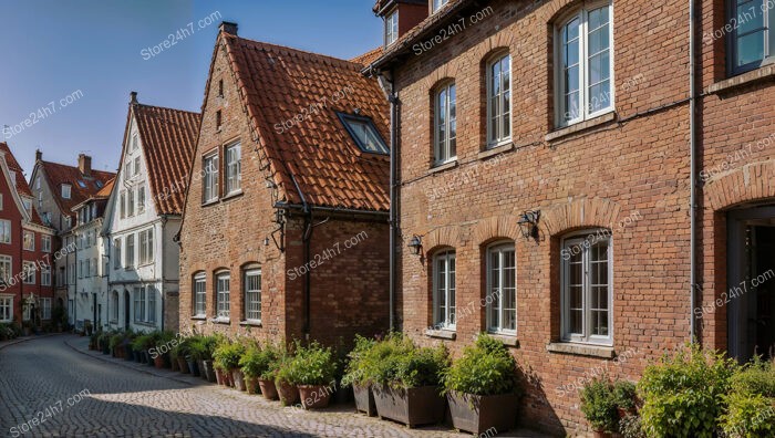 Charming Gothic Brick Row Houses with Potted Plants