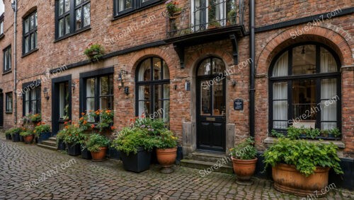 Charming Gothic Brick Townhouses with Flower Pots