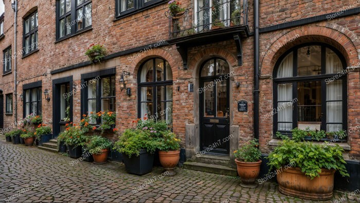 Charming Gothic Brick Townhouses with Flower Pots