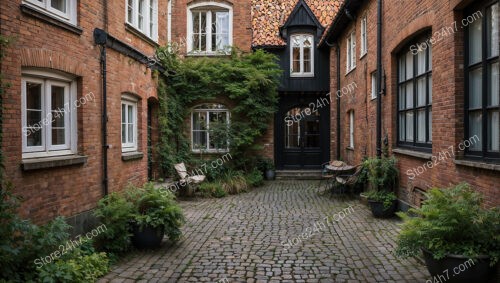 Charming Gothic Courtyard with Red Brick and Greenery