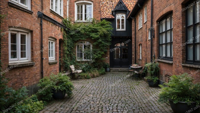 Charming Gothic Courtyard with Red Brick and Greenery