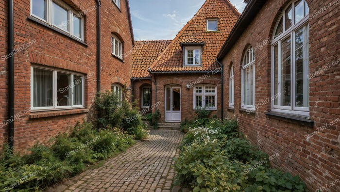 Charming Gothic Courtyard with Red Brick Facade