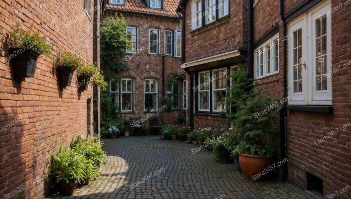 Charming Gothic Courtyard with Red Brick Facade