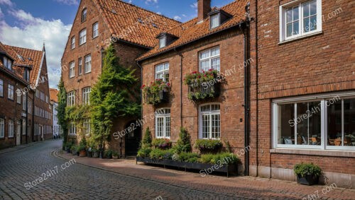 Charming Gothic Street with Lush Flower Displays