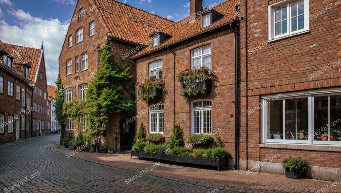 Charming Gothic Street with Lush Flower Displays