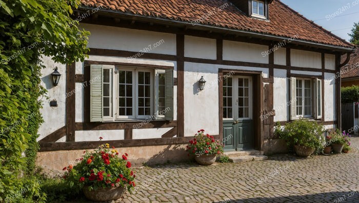 Charming Half-Timbered Cottage with Classic Wooden Shutters