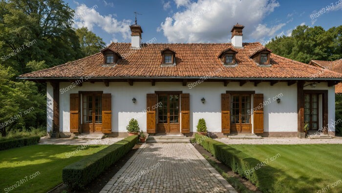 Charming Rural Cottage with Dormer Windows and Shutters