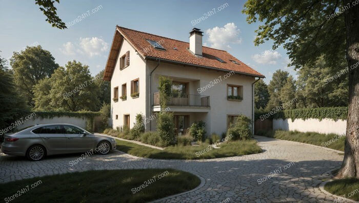 Charming Rural Home with Red Roof and Lush Garden