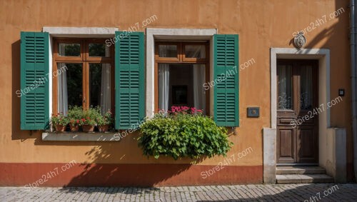 Charming Single-Family House with Green Shutters and Flowers